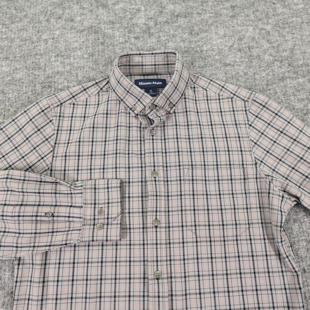 Mizzen+Main Shirt Mens Medium Gray Orange Plaid Trim Fit‎ Stretch Dress 1WS-1305